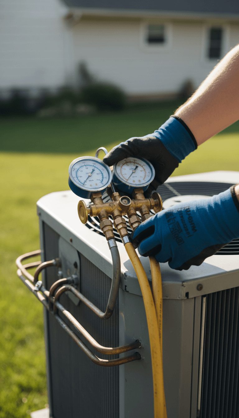 Technician checking refrigerant pressure on air conditioning unit
