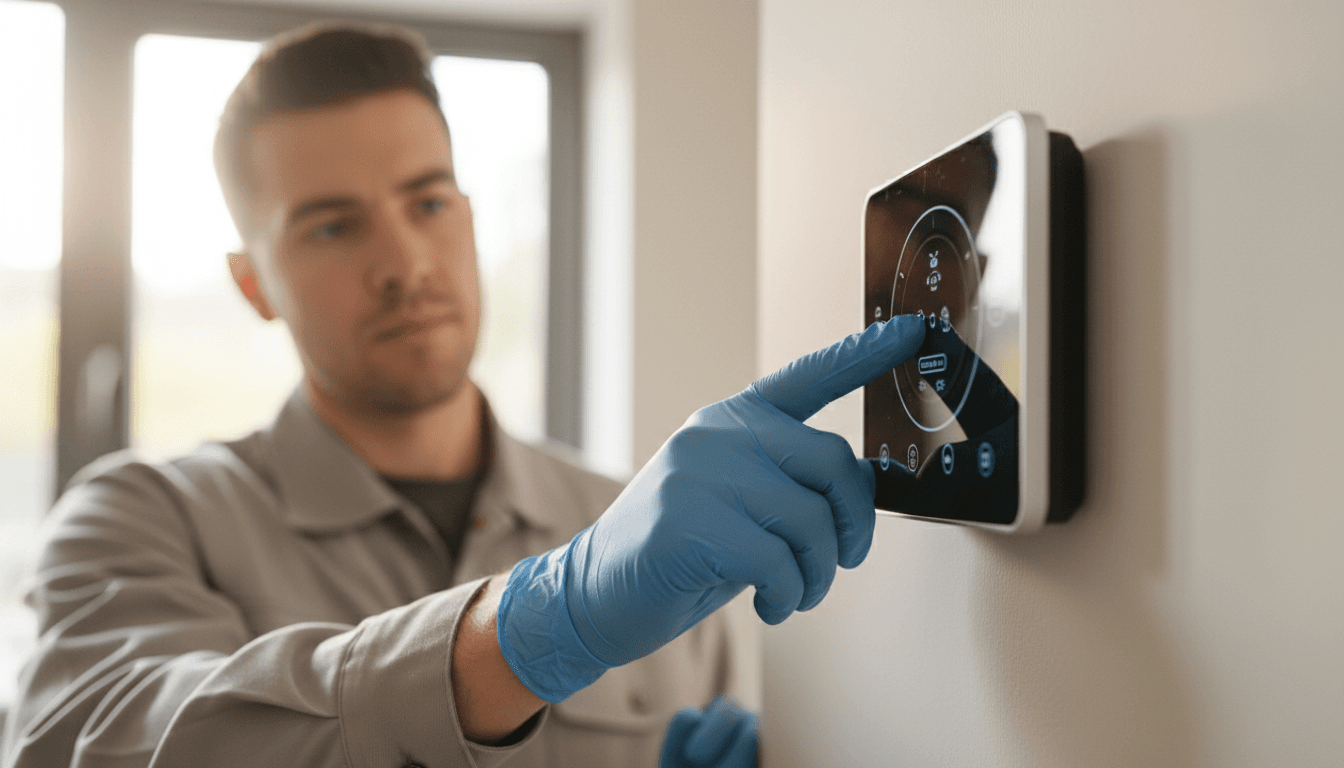 Technician adjusting a home thermostat