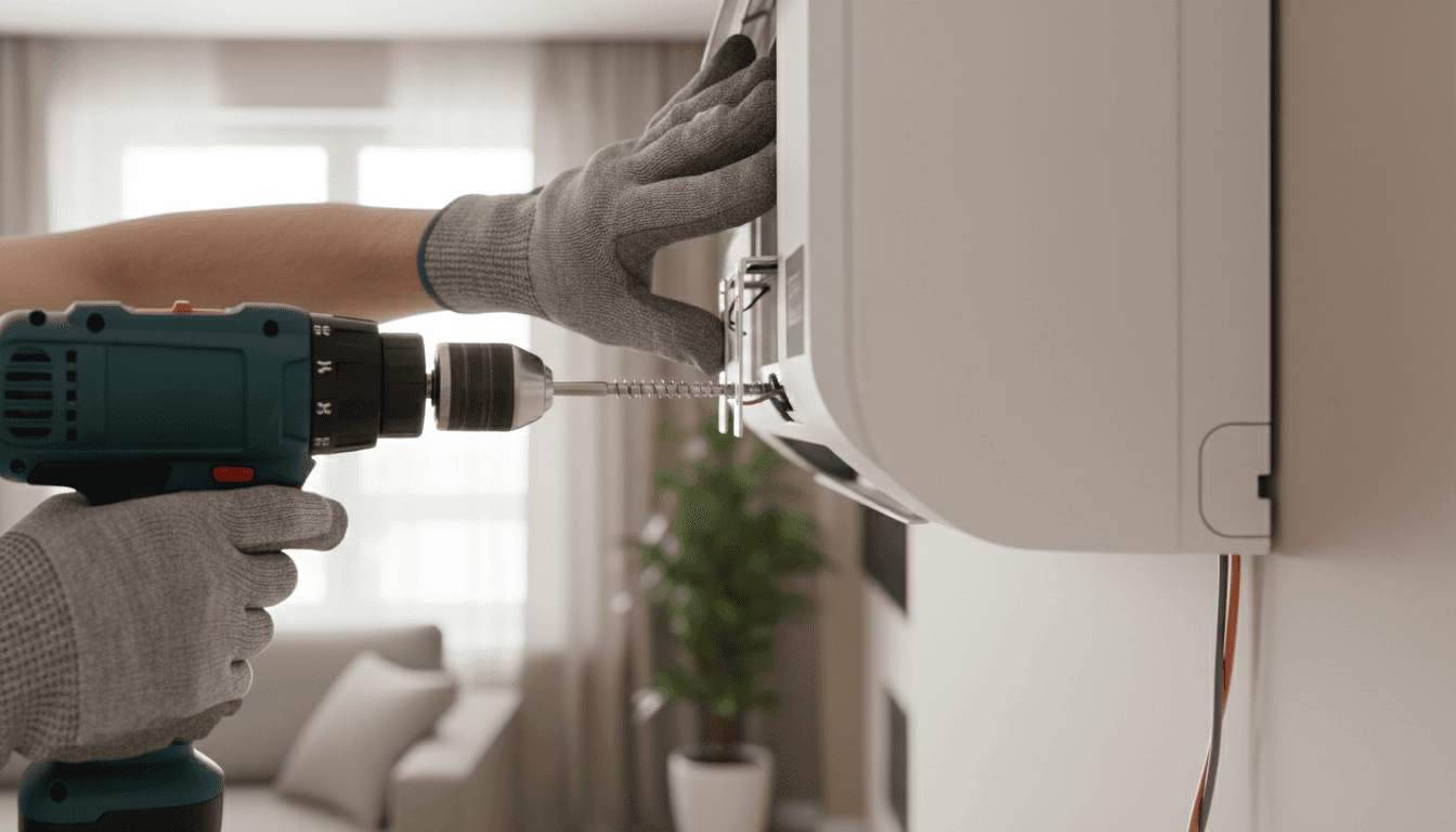 HVAC technician installing wall-mounted air conditioning unit in residential home