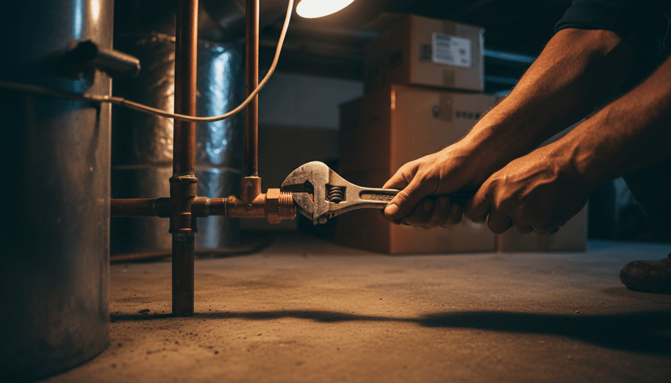 Plumber tightening copper pipe fitting with adjustable wrench