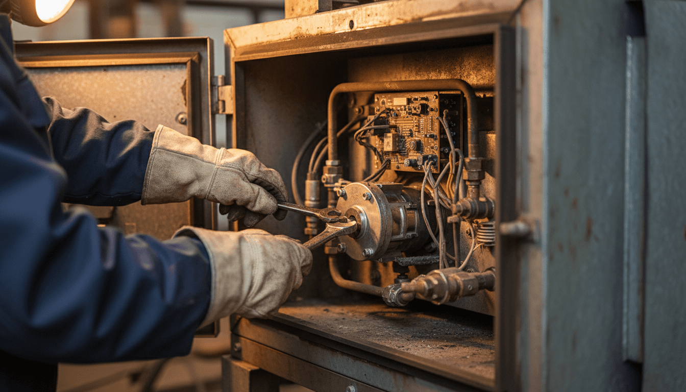 HVAC technician inspecting furnace burner and components