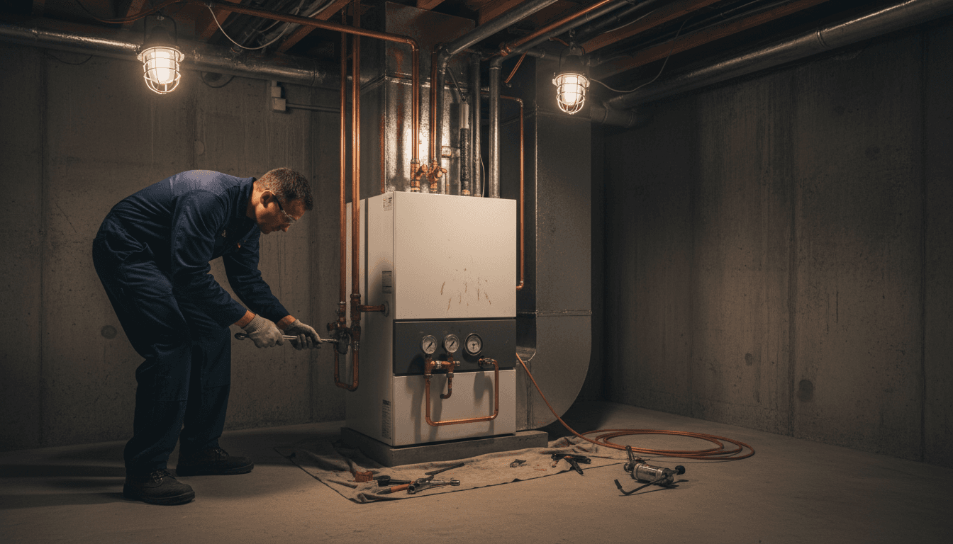 HVAC technician installing furnace in North York residential property