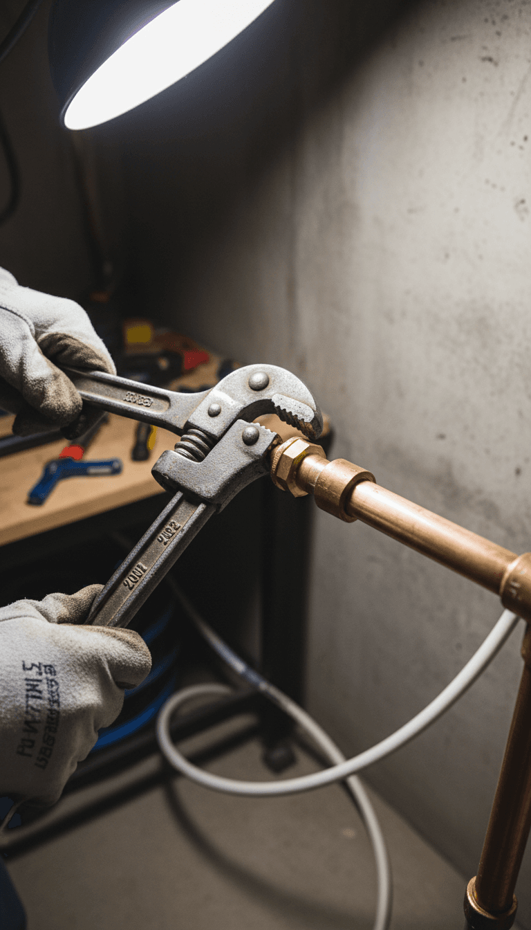 Plumber installing and connecting copper pipes with professional tools