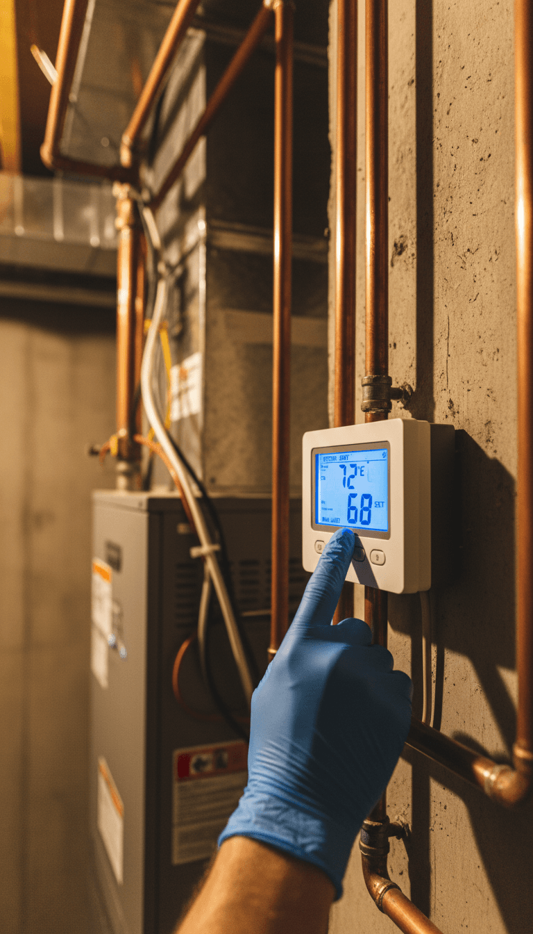 Technician adjusting furnace control panel and thermostat